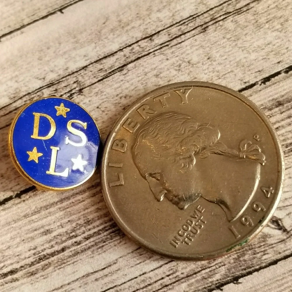 Vintage lapel pin D.S.L. blue enamel gold tone brooch DSL lapel